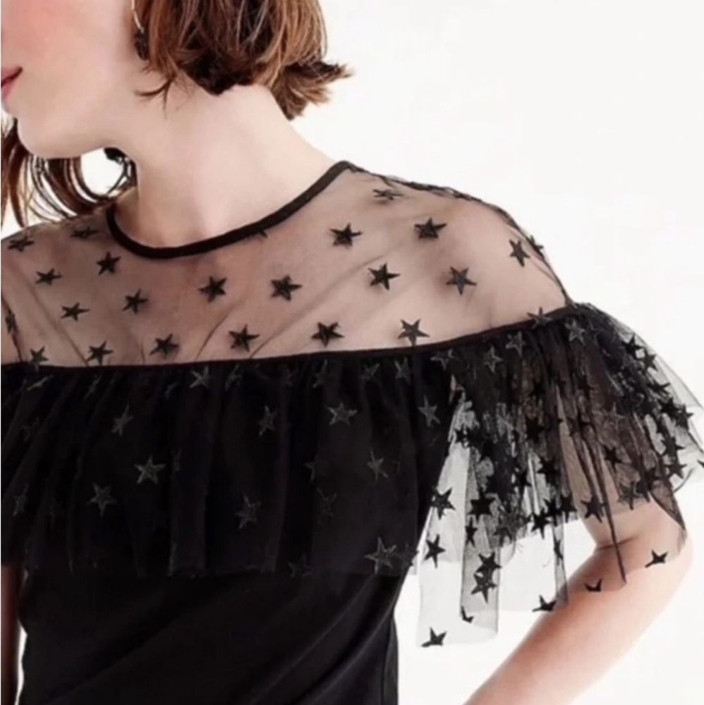 J. Crew Black Star Mesh Ruffle Top